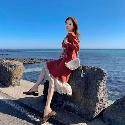 长款仙女裙子配大衣的内搭毛衣裙过膝红色针织打底裙连衣裙女秋冬